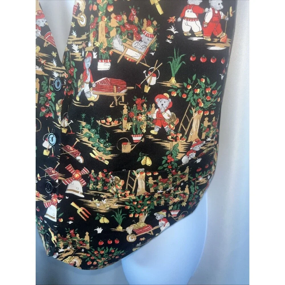 Vintage Robert-Lyn Women’s Graphic Farm Garden Vest With Buttons Size S Pockets - Picture 3 of 7
